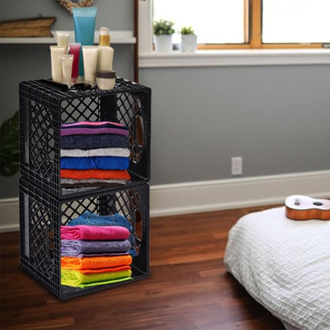 Juggernaut Storage 2-Pack Stackable Heavy Duty Milk Crates, Handles, 16 Qt | Organizing Plastic Crate Basket for Grocery Shopping, Home Supplies, and Bathroom Accessories, Black - Image 5