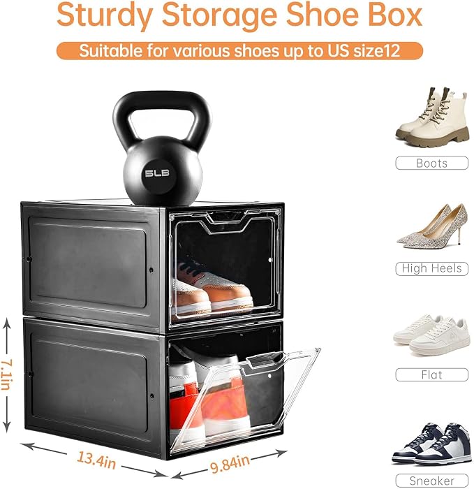 Stebopum 12 Pack Shoe Boxes Organizer, Magnetic Door Shoe Storage Boxes, Clear Sneaker Storage Box for Women/Men, Fit up to US Size 12 - Image 3