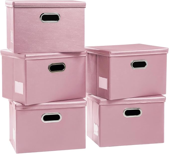 Large Stackable Storage Bins with Lids [5-Pack] Leather Fabric Foldable Storage Boxes Organizer Containers Baskets Cube with Cover for Bedroom Closet Office Nursery Pink (17.7x11.8x11.8) by Prandom