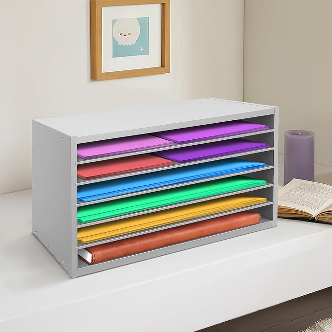 Construction Paper Organizer 20" x 13.5" x12.2",Soild Wooden Paper Organizer with 6-Tier Letter Trays, Desktop File Papers Sorter for Home, Classroom and Office (Gray) - Image 6