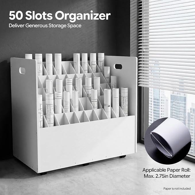 Blue Print Storage Organizer with Wheels, 50 Slots Roll Files Cart, White | Mobile Blueprint Storage Rack Cart, Construction Plan Holder, Map Poster Storage Cabinet for Office Home School - Image 4