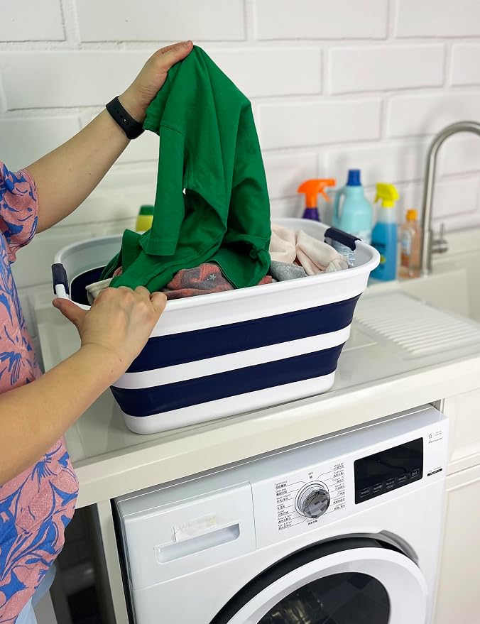 SAMMART Collapsible Plastic Laundry Basket with Handle/Foldable Pop Up Storage Hamper/Portable Laundry Organizer-Space Saving Washing Tub/Household Storage (White/Starry Blue, 27L) - Image 5