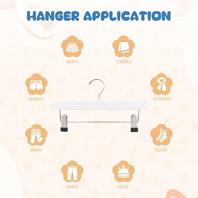 Kids Wooden Pants Hangers for Toddler & Baby Clothes, White, 24-Pack | Solid Wood Skirts Hangers with Adjustable Anti-Wrinkle Clips for Children's Trousers, Slacks, Jeans, 12" - Image 6