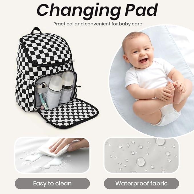 FHELAD Checkered Diaper Bag Backpack with Changing Pad & Stroller Clips | Baby Diaper Bag, Baby Shower Gifts, 4 Insulated Bottle Holders, Wet Wipe Pocket, Luggage Strap - Image 7