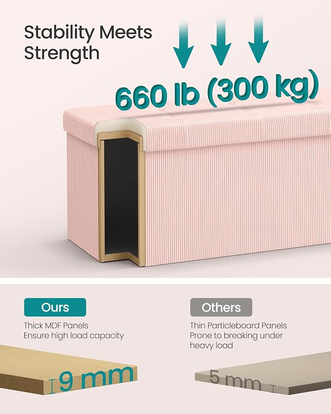 SONGMICS Mazie Collection - Storage Ottoman Bench, Foldable Foot Rest, 15 x 30 x 15 Inches, End of Bed Bench, Storage Chest, Load 660 lb, Living Room, Bedroom, Entryway, Jelly Pink ULSF603R01 - Image 5