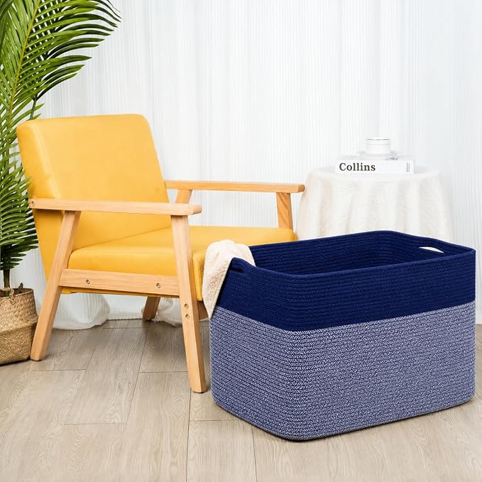 112L Extra Large Blanket Basket Holder Living Room, 25"x17"x16" Rectangle Rope Woven Storage Basket with Handles for Laundry, Towels, Shoes, Dog Toy Organizer Bin Box, Navy Blue - Image 4