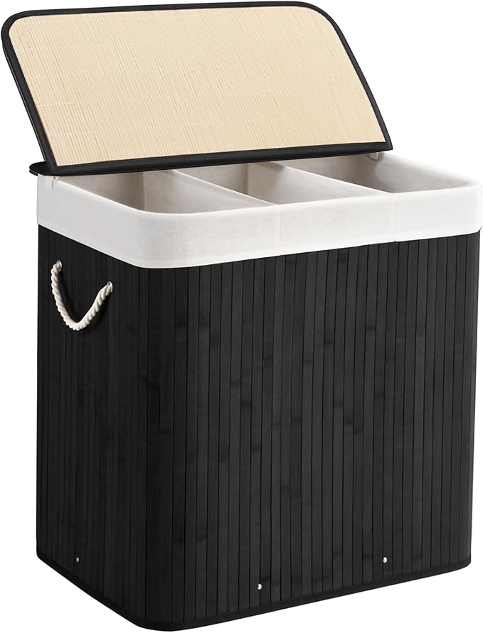 Aliphon 150L Laundry Hamper with lid, 3-Section Clothes Laundry Basket with Handles, Large Collapsible Bamboo Baskets for Bedroom, Bathroom, Dorm, Ink Black by Aliphonbyningge_ysHOME