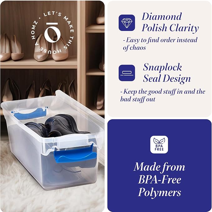 HOMZ Clear Plastic Storage Bins w/Latching Lid, 7.5 Qt, Blue, 5 Pack | Stackable Container Set for Home, Office Shelves, Kitchen, Garage, and Bathroom Organization - Image 3