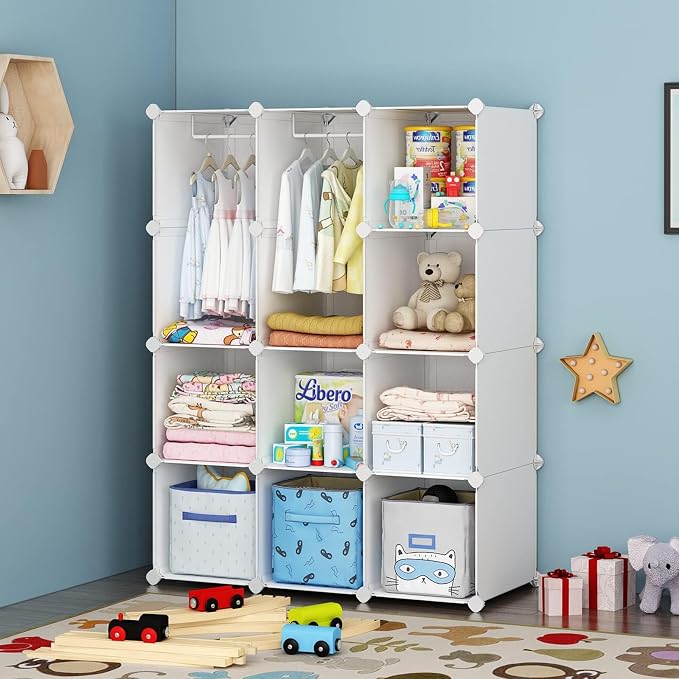 VIPZONE Baby Closet,Dresser, Kids Closet Organizers, Portable Kids Wardrobe for Closet, Bedroom, Nursery, Cubby, Cabinet, Clothes, Dress, Baby Storage Shelf, Armoire Clothes Hanging (12 Cube, White) by VIPZONE