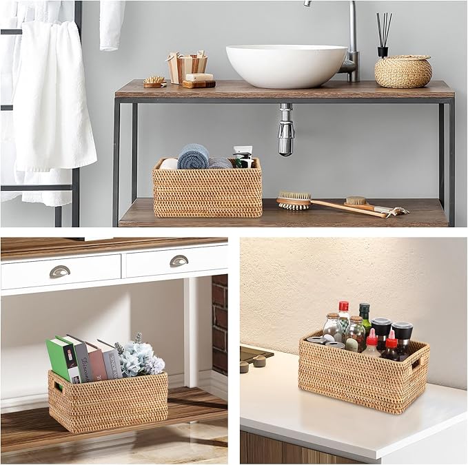 Hipiwe Woven Rattan Basket Natural Wicker Storage Basket Box with Handles | Rectangular Open Storage Bin for Shelf Bathroom Living Room Kitchen, 13" x 8.7" x 5.9" - Image 5