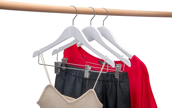 Quality Hangers 20 Pack Kids Skirt Hangers 14 Inches - Junior Preteen Youth Wooden Clothes Hanger with Curved Shoulder Swivel Chrome Hook Adjustable Metallic Clips & Nonslip Notches (White, 20) - Image 3