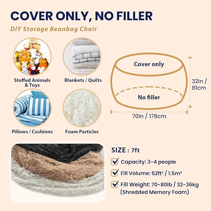 7FT Giant Fur Bean Bag Chair Cover, Ultra Soft Rainbow Bean Bag Chairs for Adults (No Filler, Cover only), Big Round Soft Fluffy Faux Fur Bean Bag Lazy Sofa Bed Cover, Washable Big Size Bean Bag Cover - Image 6