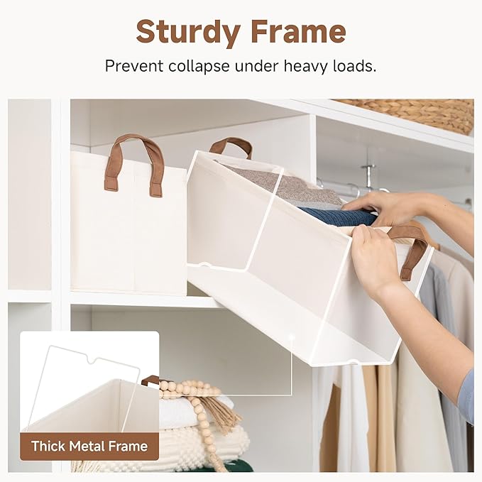 StorageWorks Fabric Storage Bins, Linen Closet Organizers, Natural, 2-Pack | With Reinforced PU Handles, Metal Frame, Collapsible, Storage Basket for Shelves, Closet, Holds Clothes, Towels, Blankets - Image 4