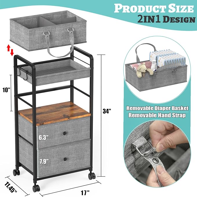 2IN1 Baby Diaper Caddy Organizer & 4-Tier Rolling Cart, Bedside Cart for Baby Essentials Nursery With Drawers, Metal Mobile Diaper Caddy Cart with Wheels, Storage Basket with Dividers for Baby Shower - Image 2