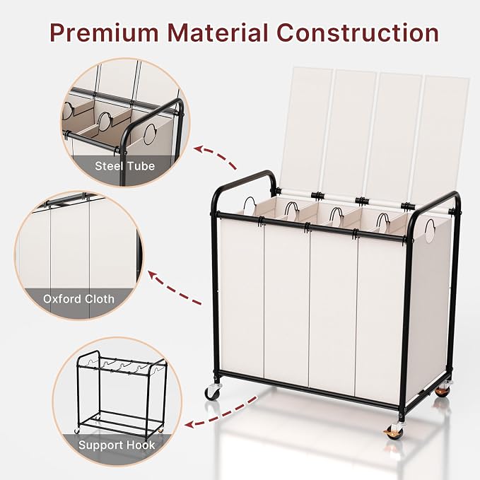 180L Laundry Sorter 4 Section with Lockable Wheels and Lid White | 4 Large Separate Removable Bags | Heavy Duty Rolling Laundry Basket | Laundry Hamper Cart for Laundry Room Organizer - Image 7