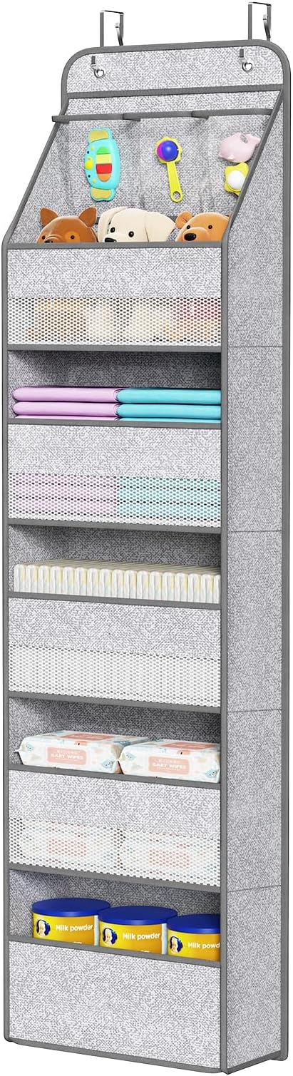 Univivi Over Door Hanging Organizer for Baby Nursery, Grey Pattern, 6-Shelf | Door Storage with Large Capacity Breathable Mesh Pockets, Fabric Over Door Organizer for Baby Essential, Bedroom and Dorm by Univivi