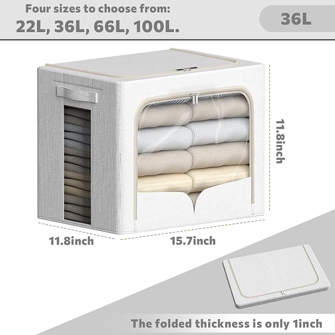FHSQX 3 Pack Clothes Storage Bins Foldable Metal Frame Storage Box Stackable Linen Fabric Container Organizer Set with Carrying Handles and Clear Window (Cream White, 15.7x11.8x11.8inch(36L)) - Image 2