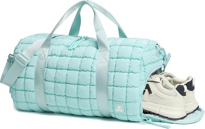 Quilted Gym Bag for Women,Duffle Bag for Travel with Wet Pocket,Carry on Weekender Bags for Women,Travel Bag with Shoe Compartment (Ice blue) by DOYOGI
