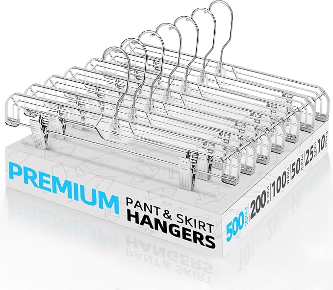 HOUSE DAY Heavy Duty Clear Pants Hangers 500 Pack, 14'' Skirt Hangers | No-Mark Clip Hangers with Stronger Grip, Adjustable Clips for Jeans, Pants, Skirts and Shorts, Bulk Retail, Boutique Hangers by HOUSEDAY