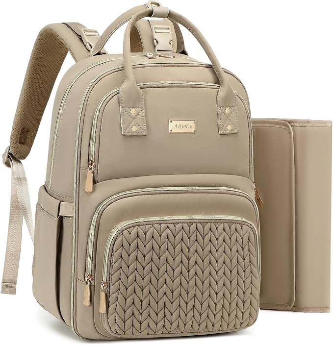 AIJIEKE Diaper Bag Backpack, Large Multi-functional Diaper Backpack, Khaki | Waterproof lightweight baby backpack. With changing pad, stroller straps, insulated & wet/dry pockets. Mom & dad essential by AIJIEKEDirect