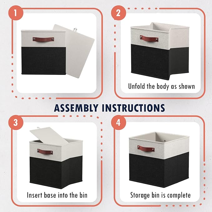 Ornavo Home 13x15x13 Foldable Fabric Storage Cube Bins, 6 Pack, White/Black | Collapsible Linen Shelf Basket Organizer; Leather Handles; Fits Cube Storage Shelving Units - Image 7