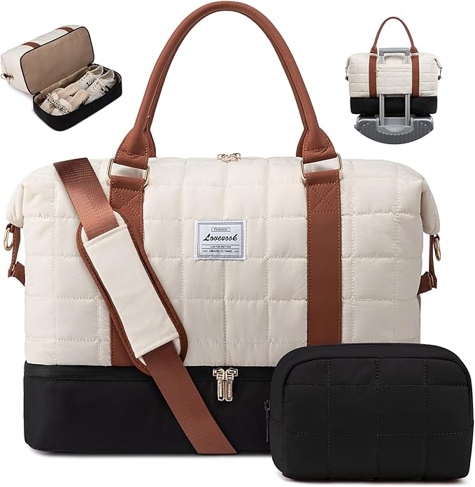 LOVEVOOK Travel Duffel Bag - Versatile Weekender Bag for Women, Puffer Carry On & Overnight Bag for Short Trips, Black/White/Brown by LOVEVOOK