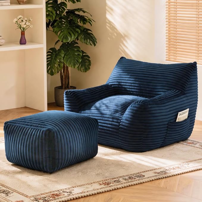 Oversized Bean Bag Chair with Ottoman, Bean Bag Couch with 2 Side Pockets, Corduroy Boneless Couch Chair in a Box, Comfy Lounge Chair for Living Room, Bedroom, Dorm, Blue by Nivayor