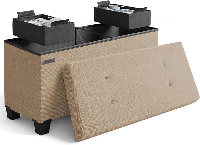 Storage Ottoman Bench with Bins, 30-in Storage Bench for Bedroom End of Bed, Folding Foot Rest Ottoman for Living Room Max 660lbs, Fabric Ottomans, Taupe by STORAGEBUD