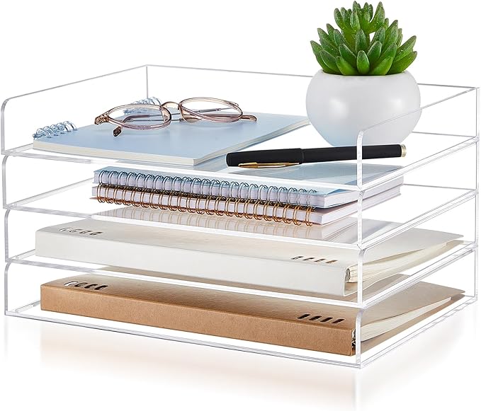 Harloon 4 Tier Paper Organizer Letter Tray Acrylic Desk File Organizer Heavy Duty Stackable Documents Clear Letter Paper Holder Sorter Office Tray for A4, Office Classroom Home File Pad Notebooks by Muasung