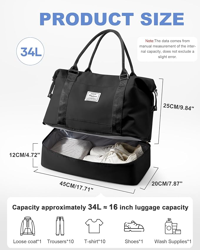 Travel Duffel Weekender Bag Women Tote Carry On Bags With Shoe Compartment | 18x14x8 inches Travel Overnight Bags with Trolley Sleeve for Airplanes Sport Tote Gym for Men Lightweight Daypack Black - Image 4