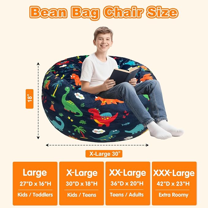 Lukeight Dinosaur Bean Bag Chair for Kids Teens Adults, Memory Foam Filled Floor Lounger, Washable Velvet Cover with Inner Liner, Beanbag Chair with Filling for Gaming and Reading, X-Large 30"D x 18"H - Image 2