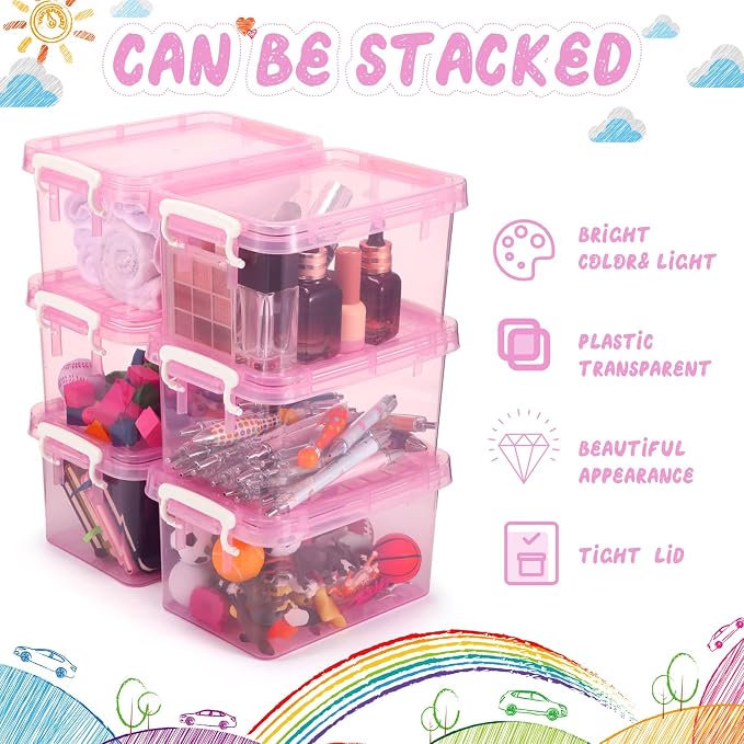 6 Pack Colorful Plastic Storage Bins with Lids 4 Quart Small Storage Latch Box Stackable and Nestable Clear Organizer Bins with Latching Handle and Buckle for Organizing(Pink) - Image 4