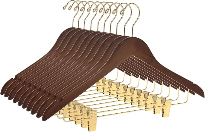 Quality Hangers Quality Wooden Skirt Hangers with Clips 80-Pack Walnut Pants Adjustable Gold Metal Clips, Swivel Hook, Coat, Jacket, Blouse Suit (Walnut - 80) 17.5'' inch - Image 9