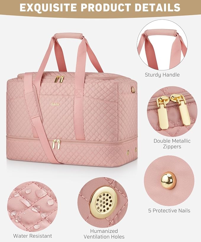 Duffle Bag for Travel, Weekender Bag with Shoe Compartment, Carry On Overnight Bag for Women with Toiletry Bag Duffel Bags with Wet Pocket for Gym Hospital Bags for Labor and Delivery Pink - Image 5