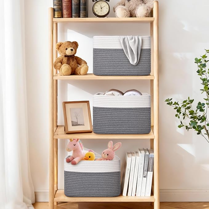 Storage Baskets for Organizing, 4 Pack Baskets for Shelves, Decorative Storage Bins for Shelves, Cotton Rope Storage Basket with Handles, Woven Basket for Storage, 13''Lx8.7''Wx7.9''H, White & Gray - Image 2