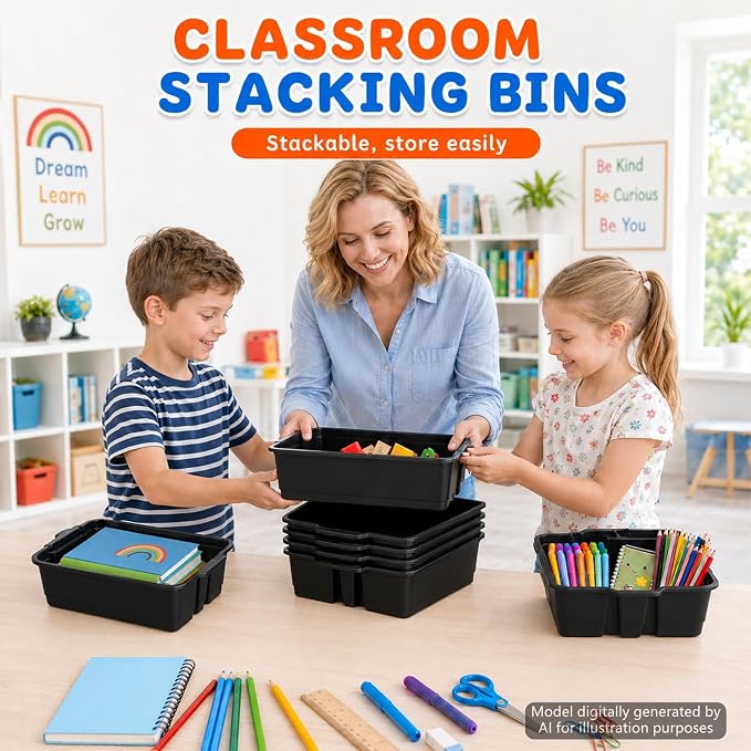 6 Pack Plastic Book Bins Stackable Classroom Cubby Organizer, Black | Scoop Front Storage Bins, Cubby Bins with Handles for School Library Office Home Nursery Playroom Organization - Image 7