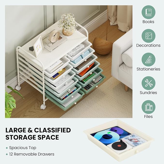 Giantex 12 Drawers Rolling Cart, Mobile Storage Drawer Cart, Classroom Organizer Cart for Office School Supplies Tools Scrapbook Paper Craft Small Printer, Utility Cart on Wheels, Green Gradient - Image 6