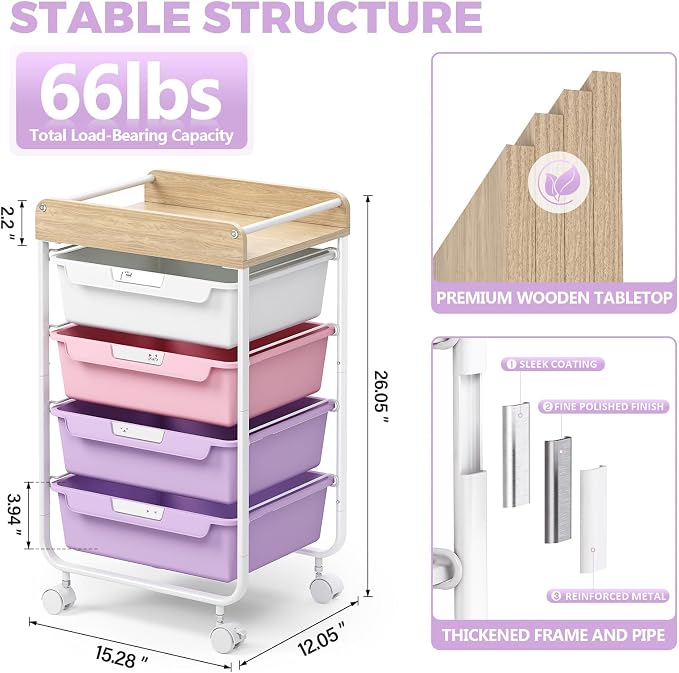 SYKIARIOL Rolling Storage Utility Cart with 4 Drawers,Art Cart,Purple | Kids Craft Cart,Makeup Organizer and Storage with Wooden Tabletop - Image 9