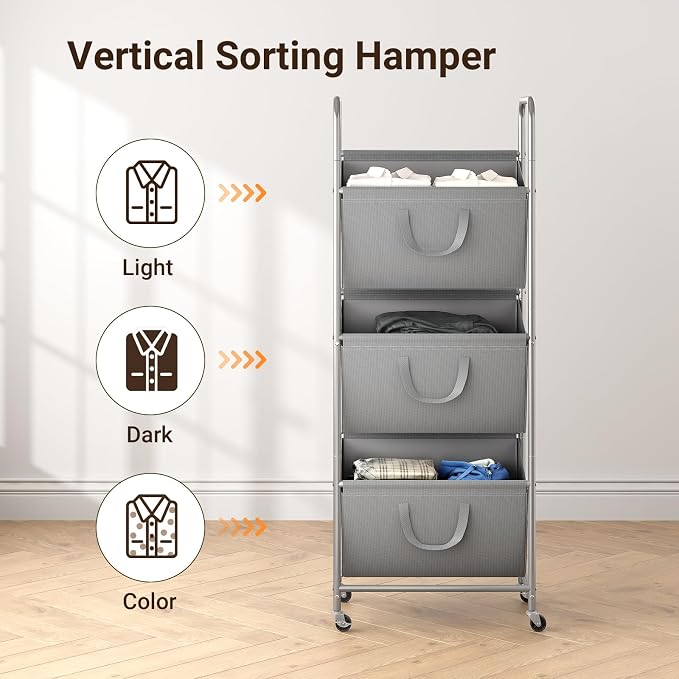 ELYKEN 3-Tier Vertical Rolling Laundry Hamper with Wheels & Removable Bags | 120L Capacity, Space-Saving Design, Locking Casters, 3 Section Laundry Sorter for Apartments, Small Spaces, Closet, Dorm - Image 7