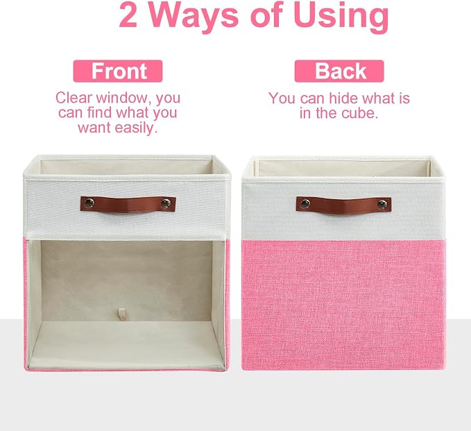 Storage Cubes, 4 Pack Linen Foldable Storage Bins with Clear Window and 2 Handles, 13x15x13 Storage Cube Bins for Shelf Closet, Kallax, Clothes, Books - (Pink / Off-White) - Image 5