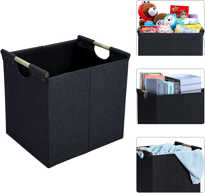 HOONEX Collapsible Storage Bins, 12x12x12in Storage Cubes Linen Fabric, 3 Pack, Storage Baskets with Wooden Carry Handles and Sturdy Heavy Cardboard, for Home, Office, Car, Nursery, Dark Grey - Image 2