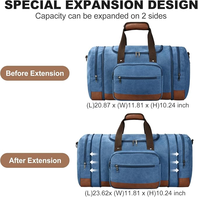 Litvyak 50L Canvas Duffle Bag for Travel Weekender Gym Overnight Carry-on | Expandable, Eco Certified, Leather Accents, Toiletry Bag Inclued, Travel Duffel Weekend Luggage Bag for Women Men, Blue - Image 3