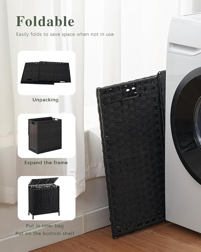 SETVSON Laundry Hamper with Lid, 35 Gal 3-Bag Clothes Sorter, Black | Large Family Laundry Trunk with Lid, 3 Compartment Sorting Liner, 6 Wash Bags, Elevated PE Rattan Bin with Handles - Image 7