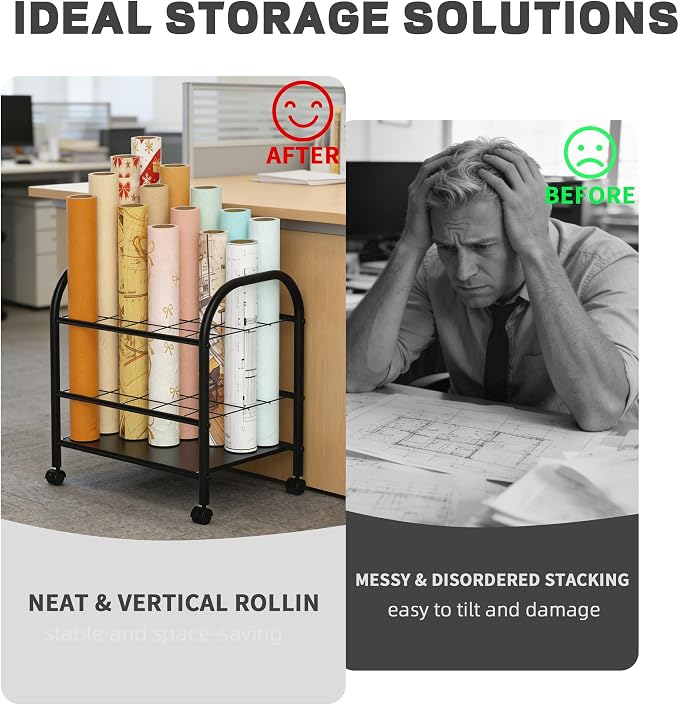 Blueprint Storage Holder with Wheels – 20-Slot Metal Roll File Rack with Silent Casters & Brakes for Blueprints, Wrapping Paper, Posters, Maps – Mobile File Cart for Office & Home (Black) - Image 6