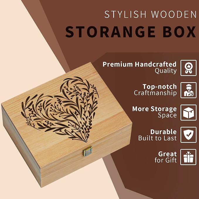 EXISTING Wooden Memory Keepsake Box, Large Keepsake Boxes with Lids | Floral Heart Engraved Memory Box Keepsakes Gift for Anniversary, Wedding, Birthday, Valentines Day, for Office or Home - Image 4
