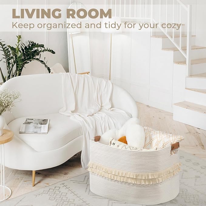 108L Large Basket for Living Room, Boho Decorative Basket Organizing with Handles, Cotton Rope Storage for Toys, Pillows, Clothes, 25’’*16’’*16’’ White - Image 2