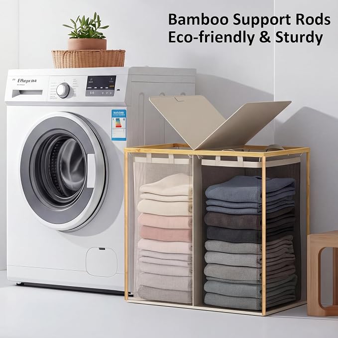 efluky Laundry Hamper with Lid, Double Laundry Basket with 2 Removable Bags, 2 Section Laundry Bin with Bamboo Handles for Bathroom, Bedroom & Laundry Room, 140L (36.9 Gallon) Beige - Image 4