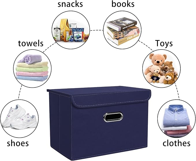 Linen Fabric Foldable Collapsible Storage Cube Bin Organizer Basket Fabric Storage Bins with Lid, Leather Handles, Removable Divider for Home, Closet,Navy Blue 3Pcs - Image 3