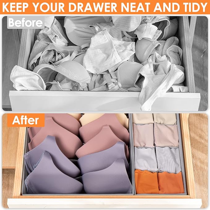 6 Pack Sock Underwear Drawer Organizer Dividers, 58 Cell Foldable Fabric Dresser Closet Organizers and Storage Bins for Clothing, Baby Clothes, Bra, Panty, Scarf, Ties (Grey) - Image 2
