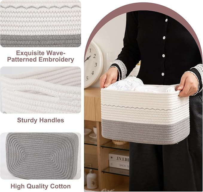 OIASKET 4 Pack Storage Baskets for Organizing, 13"X9"X7.87", Decorative Cotton Rope Baskets for Shelves, Small Woven Basket for Toys, Books and Towels, Grey & White - Image 6